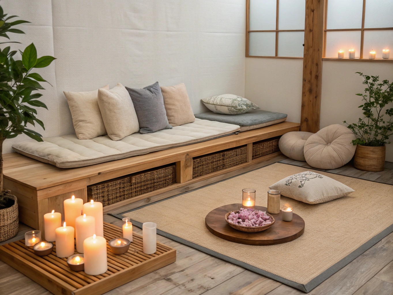 Meditationshörna med kuddar och ljus